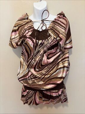 remanika Swirl Print Puff Sleeve Blouse in Brown, Pink, Cream